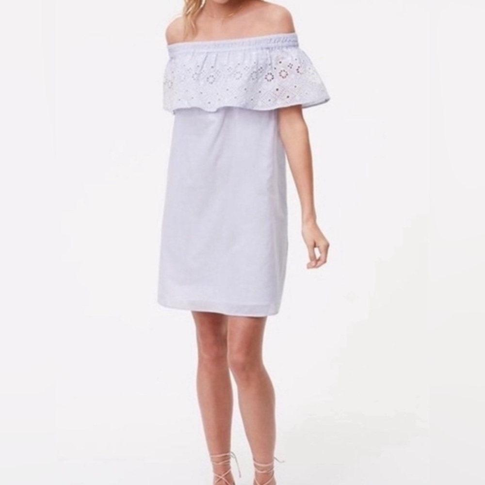Loft Blue & White Striped Eyelet Off the Shoulder Cotton Dress size Small